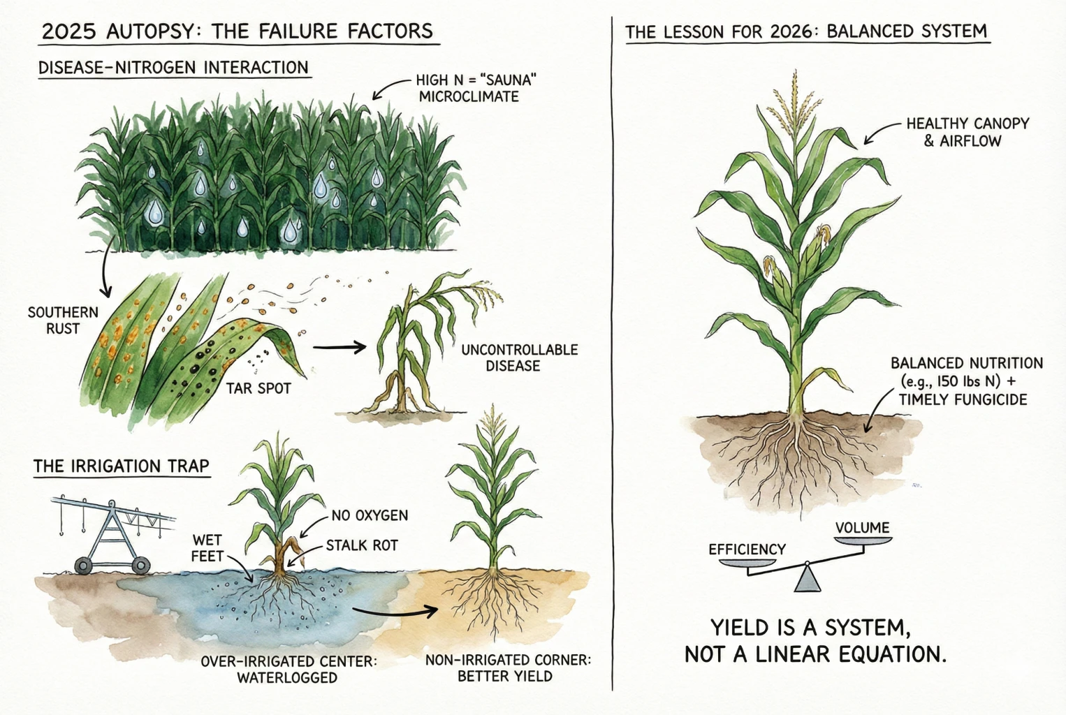 Illustration linking high nitrogen and heavy irrigation to denser canopies and disease pressure in some 2025 fields.