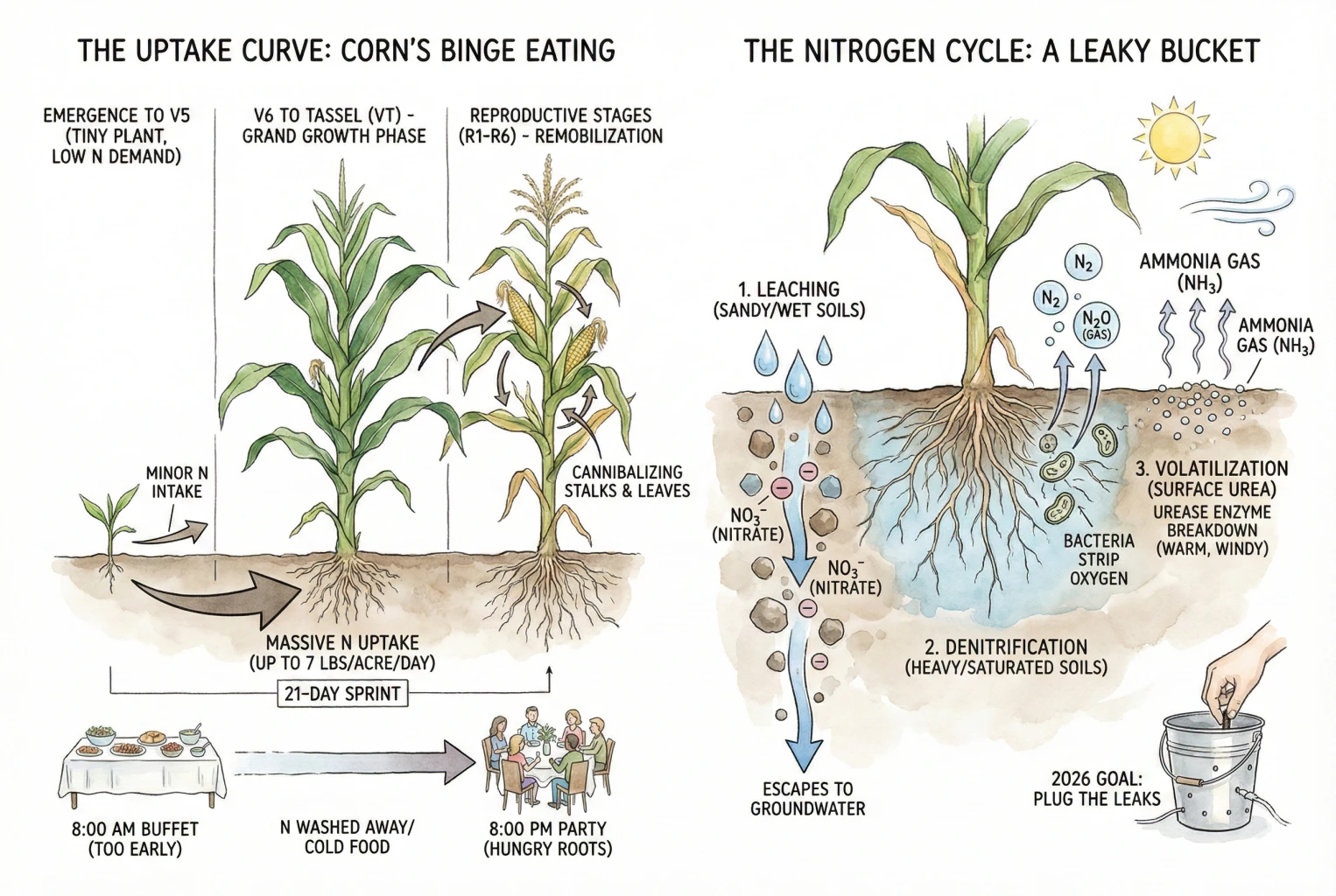 Simplified corn nitrogen-uptake diagram by growth stage, without labeled axes or units.
