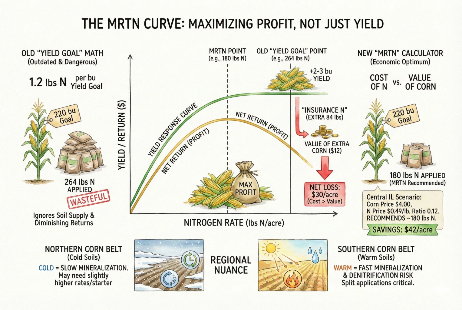Conceptual MRTN diagram plotting yield and dollar return against nitrogen rate.