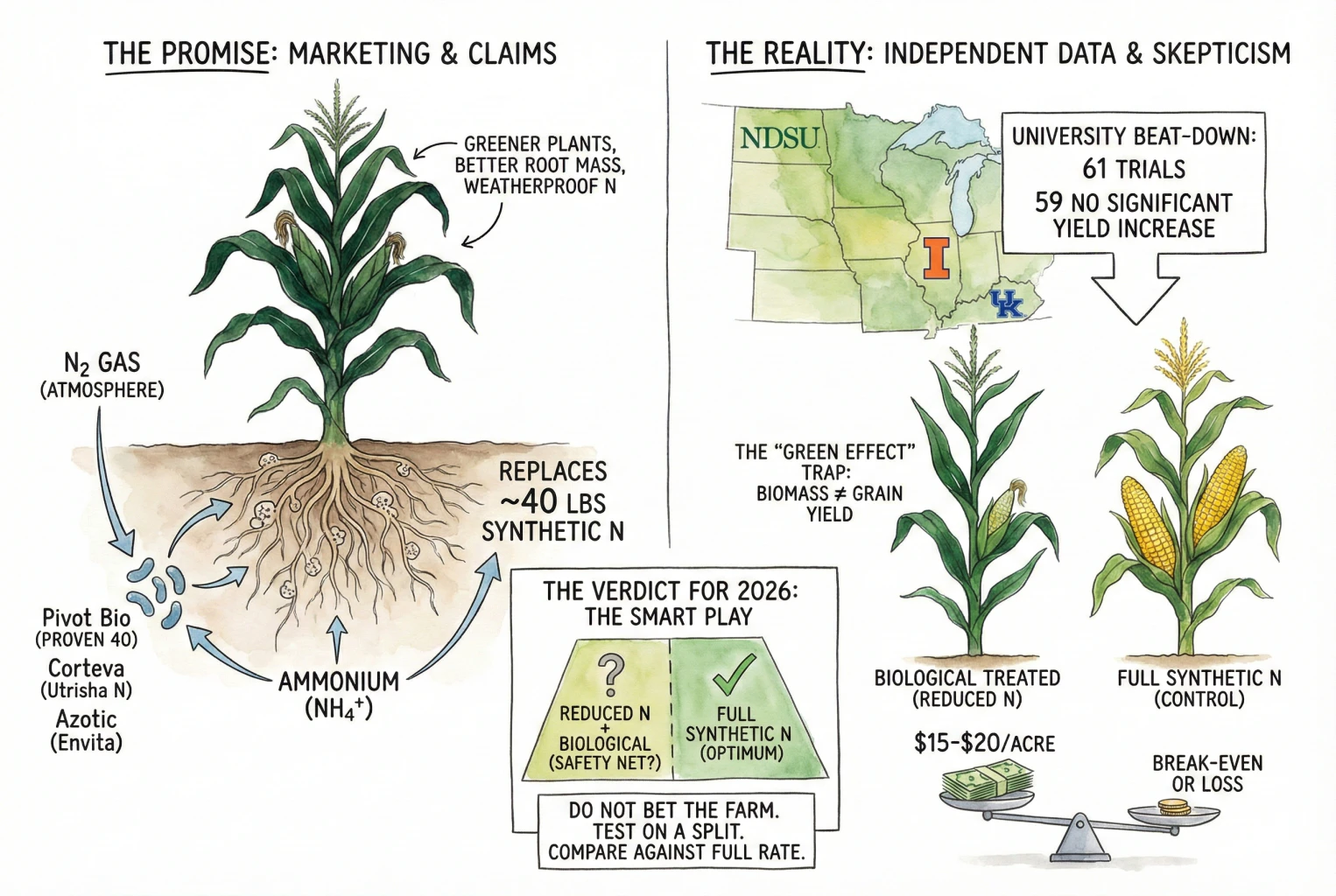 Diagram summarizing biological nitrogen trial results and a two-treatment comparison.