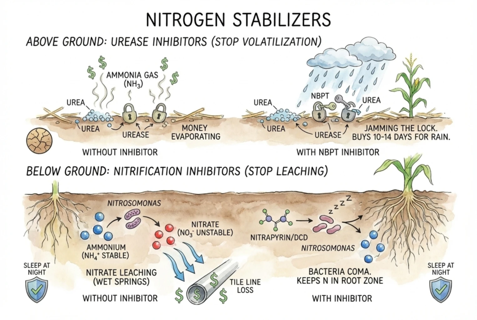 Diagram of urease and nitrification inhibitors with a generic molecule icon.