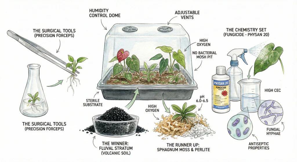 Illustrated layout of acclimation supplies: a granular volcanic aquarium substrate, New Zealand sphagnum moss with perlite, a vented humidity dome, tweezers, and a disinfectant bottle. Concept illustration; product claims in the image are not independently verified.