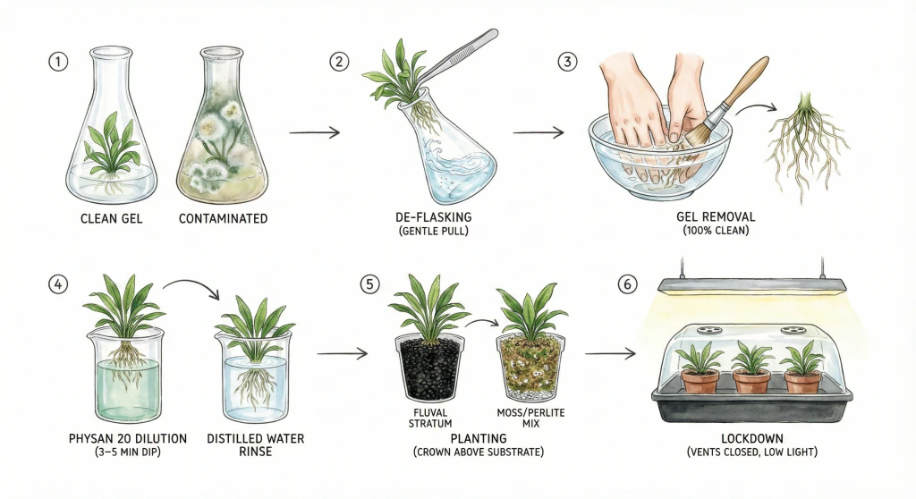Illustrated de-flasking sequence: inspecting the vessel, easing the plantlet out, and rinsing gel from the roots in water. Concept illustration; it does not show full chemical-safety gear or dilution details.