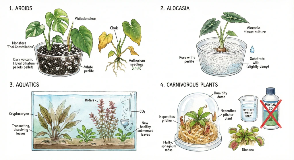 Illustrated comparison of acclimation approaches for aroids, Alocasia, aquatics, and carnivorous plants. Concept illustration; the labels are simplified and contain some errors, and the guidance is not a strict rule for every species.