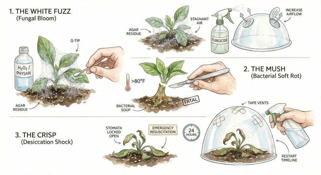 Illustrated troubleshooting chart pairing symptoms (white webbing, mushy stem, crispy edges) with single causes. Concept illustration; real diagnosis needs differential thinking, and the single-cause and fatal labels shown are oversimplified.