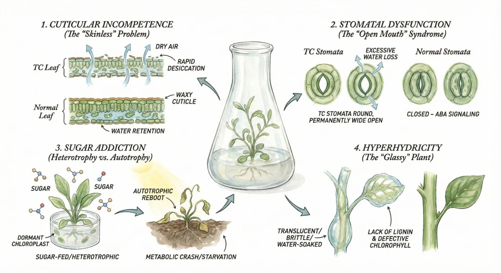 Illustrated diagram of a tissue-culture plantlet labelling a thin cuticle, poorly regulated stomata, and limited photosynthesis. Concept illustration, not a photograph or a verified schematic.