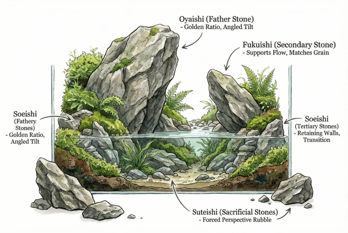 Diagram of Iwagumi stone roles (Oyaishi, Fukuishi, Soeishi) adapted to a vertical paludarium layout.