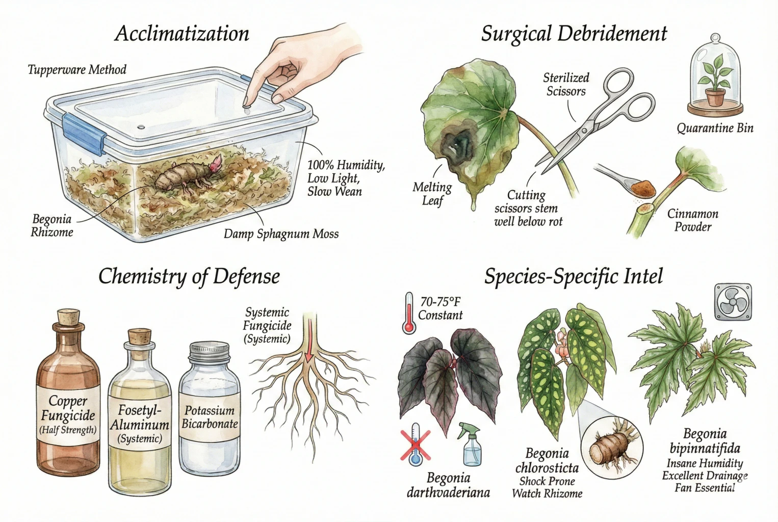 Infographic summarizing hobbyist recovery and treatment steps: a sealed high-humidity acclimation box, trimming and quarantine, and various fungicide/bactericide options, plus per-species notes.