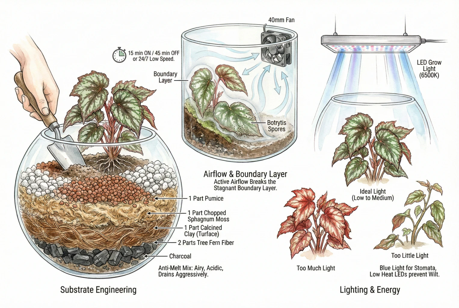Infographic showing substrate ingredients (charcoal, tree fern fiber, calcined clay, sphagnum, pumice), a small enclosure fan, and lighting notes. The graphic draws the materials as separate layers; in practice they should be blended, not stacked.