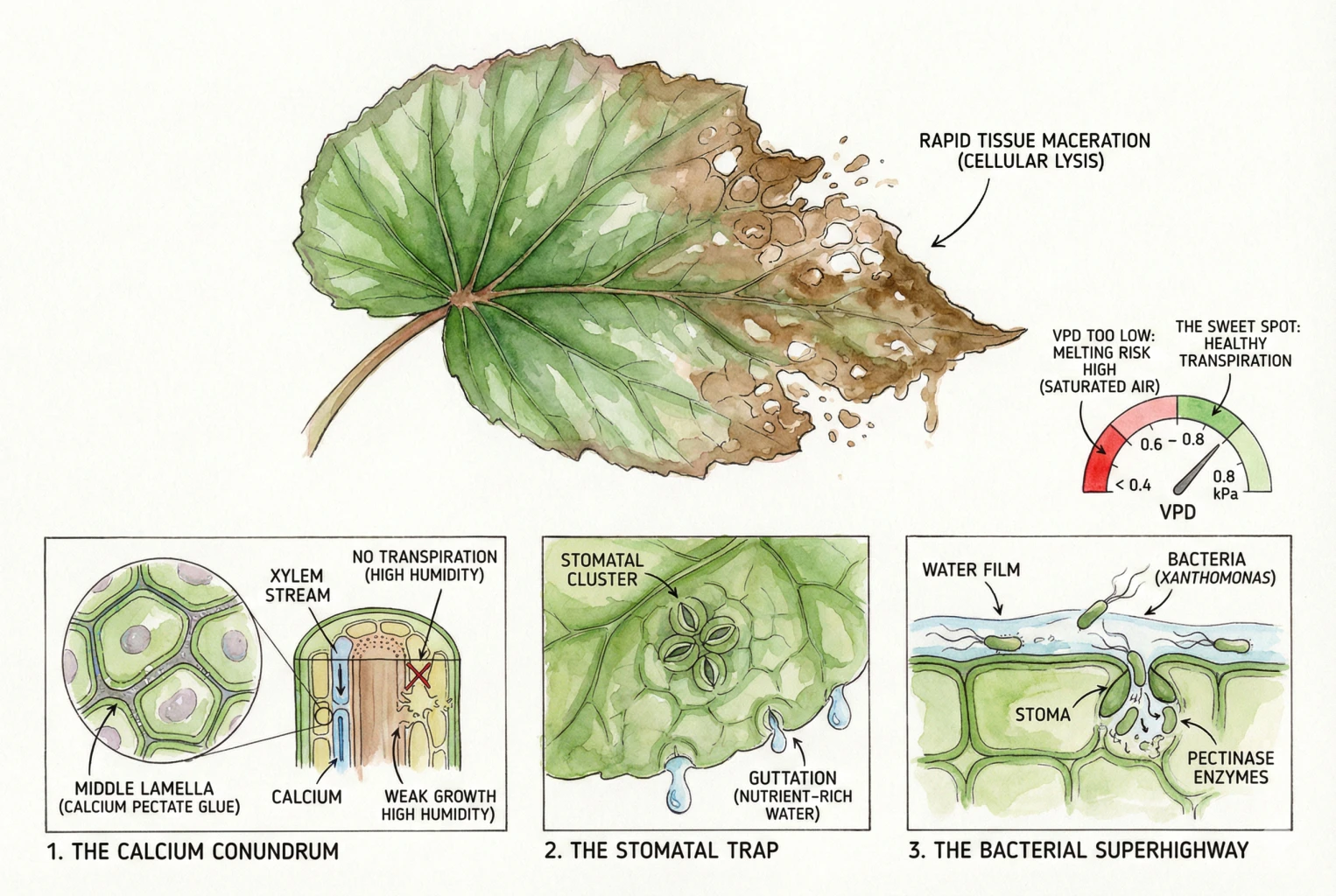 Infographic diagram illustrating one proposed begonia-melt pathway: a humidity gauge, calcium transport, stomatal clusters and guttation droplets, and Xanthomonas bacteria. It presents one hypothesis, not a confirmed cause for every case.