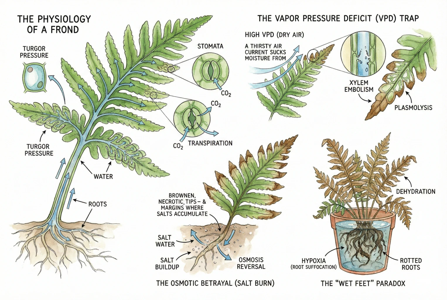 Illustration of how dry air, salt buildup, and waterlogged roots can each lead to brown fern tips