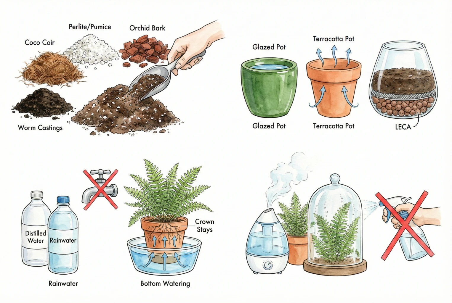 Diagram of a fern setup: airy potting mix, a draining pot or removable liner, room-temperature water, and a humidifier or enclosure for humidity