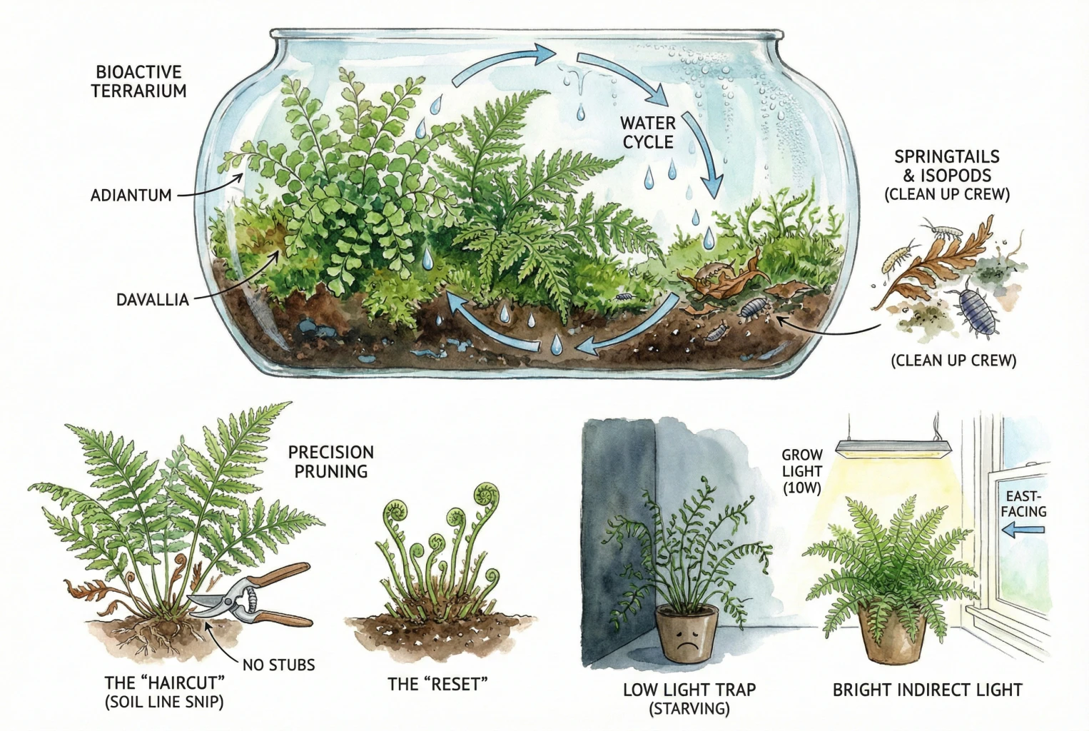 Diagram of a bioactive fern setup with springtails and isopods, pruning back to the rhizome, and a light source