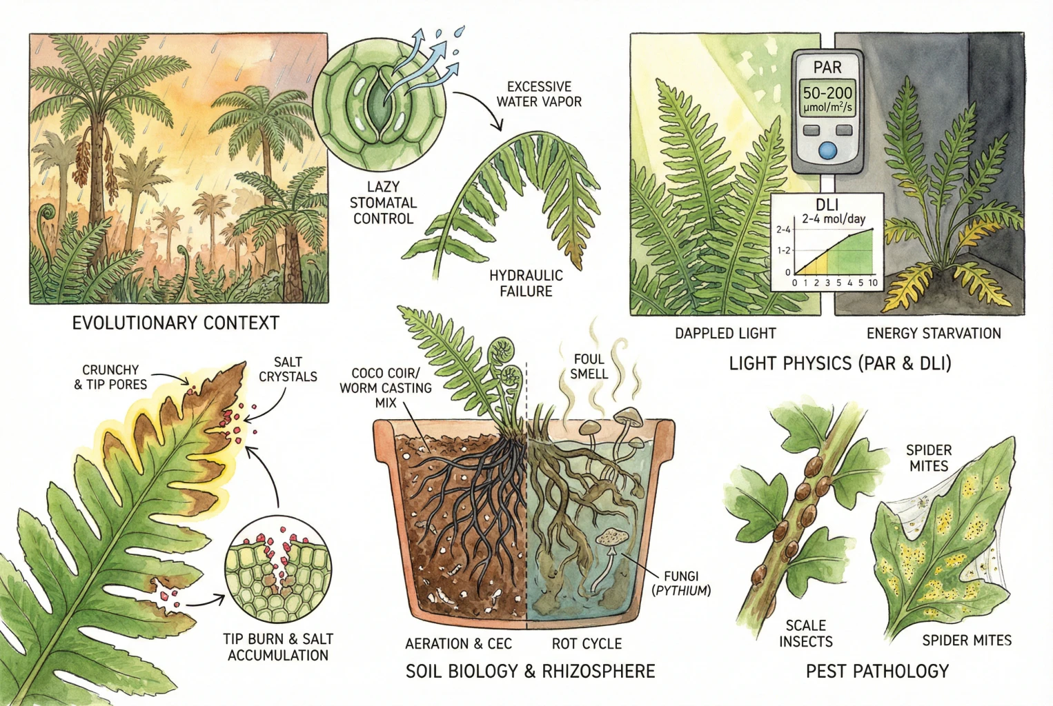 Detailed diagram of factors behind fern browning: water movement to leaf tips, salt concentration, light levels, and root health