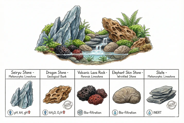 Illustrated chart comparing common hardscape stone types and their rough water-chemistry tendencies.