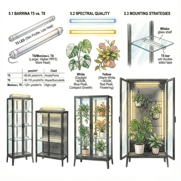 Ilustración que compara barras LED de cultivo T5 y T8, espectro y montaje. Las cifras de PPFD son ilustrativas, no medidas.