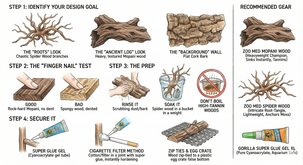 Step diagram showing selecting, prepping, and securing driftwood, with three example products.