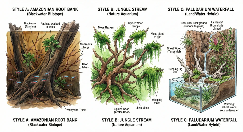 Three paludarium design styles compared: an Amazon-inspired root bank, a green jungle stream, and a cork-bark waterfall wall.