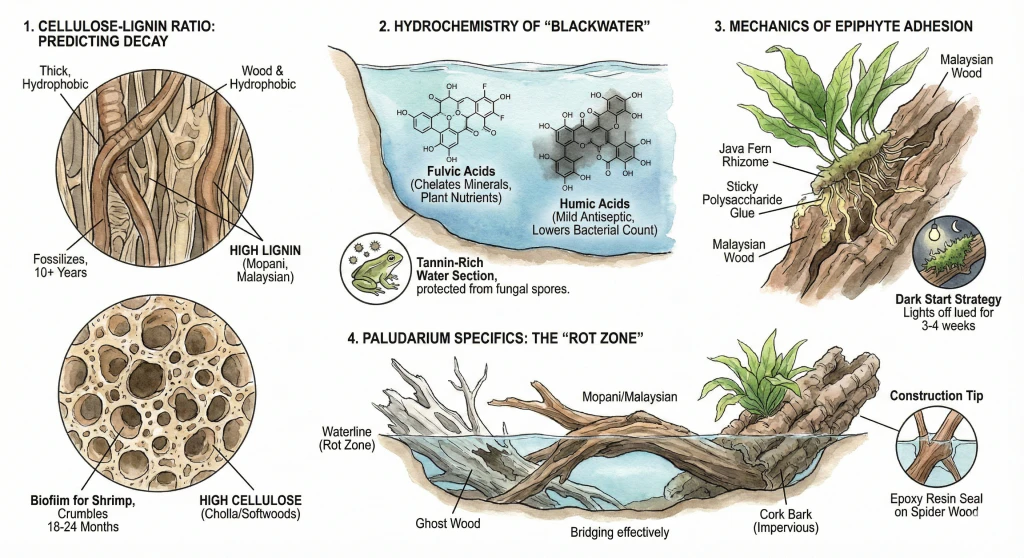 Diagram illustrating wood decay, blackwater chemistry, epiphyte attachment, and the waterline rot zone.