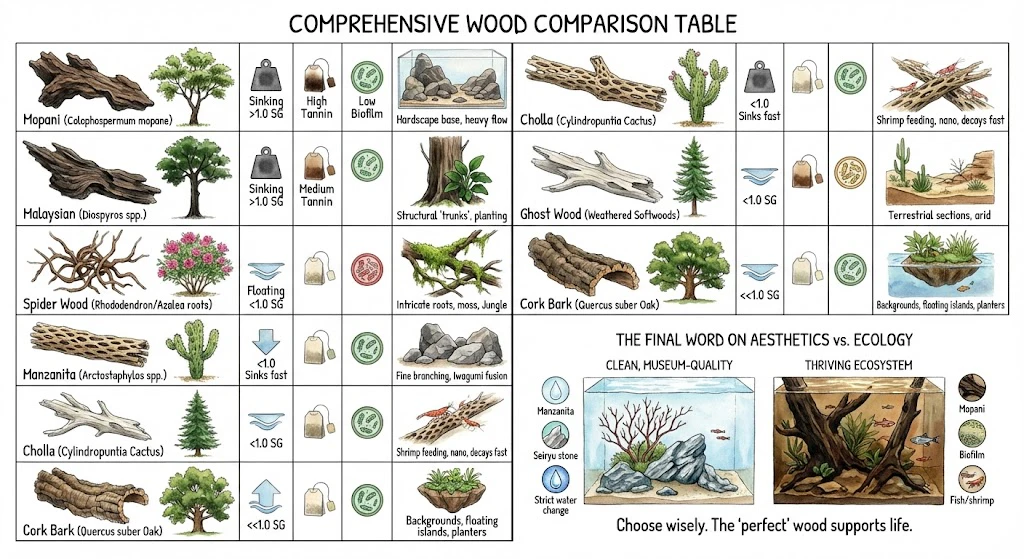 Pictogram table comparing common aquascaping woods by type, source, sinking, tannins, biofilm, and use.