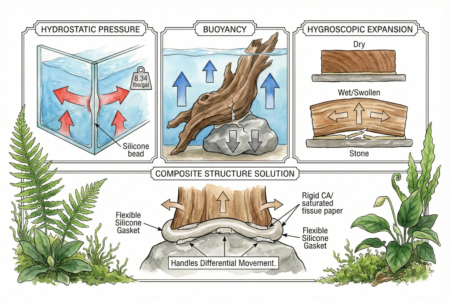 Illustrative diagram of hydrostatic pressure, buoyancy, and wood expansion acting on a hardscape bond; the values shown are simplified examples.