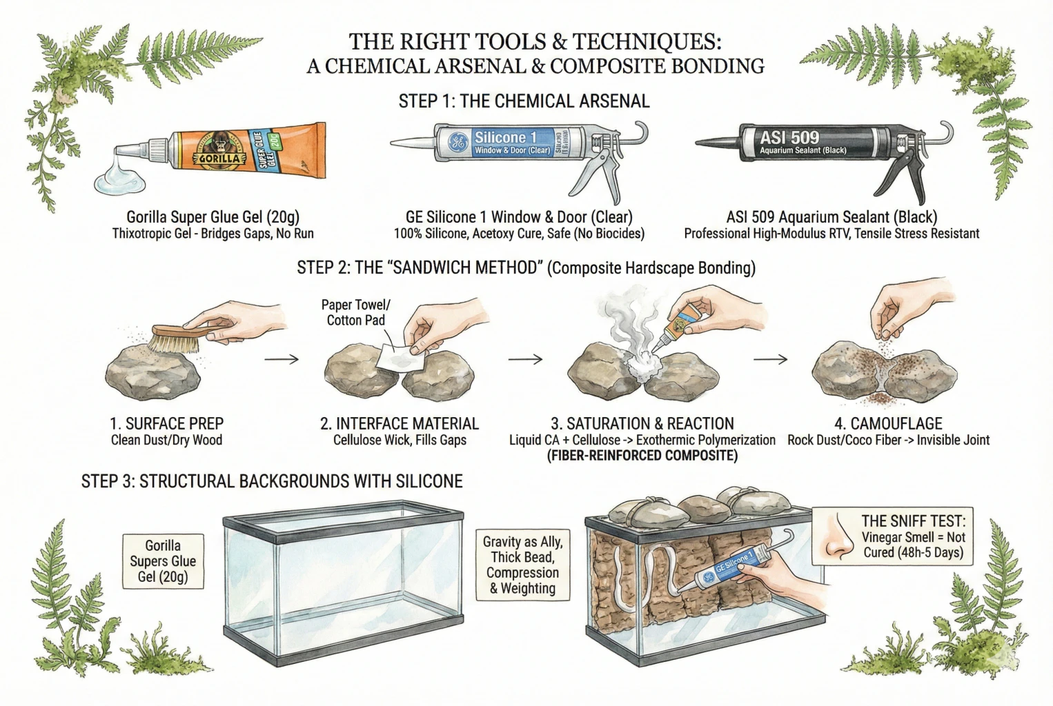 Illustrative product-and-process diagram showing a super glue gel, a clear silicone, and a bonding sequence; product sizes and labels shown are examples, not current specifications.