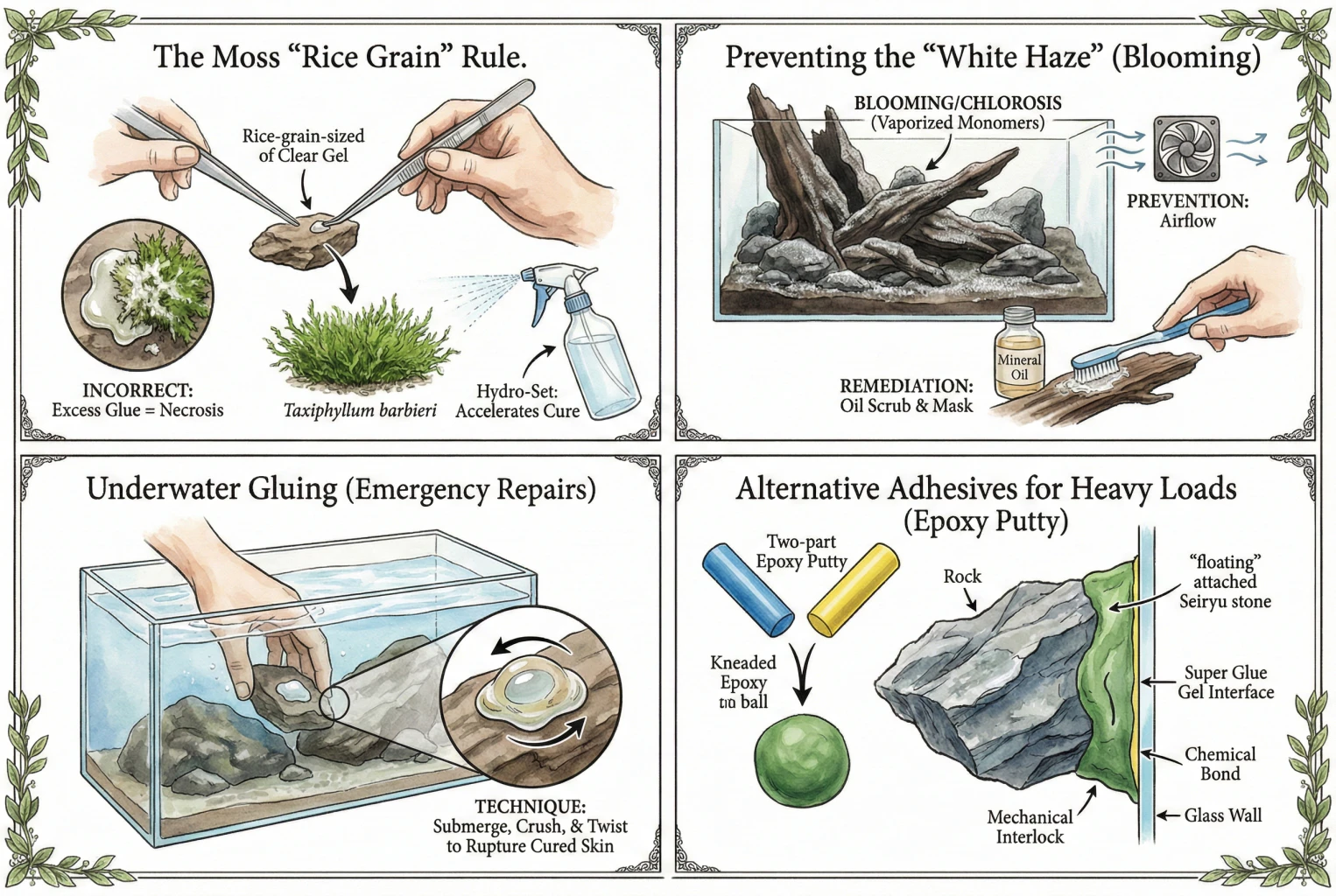 Illustrative diagram of advanced gluing tips: attaching moss, an underwater repair, and bonding a rock to glass. The methods shown are simplified and some carry safety and structural risks discussed in the text.