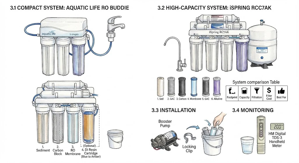 Comparison schematic of a compact aquarium RO/DI unit versus an under-sink multi-stage RO system, plus a booster pump and a handheld TDS meter.