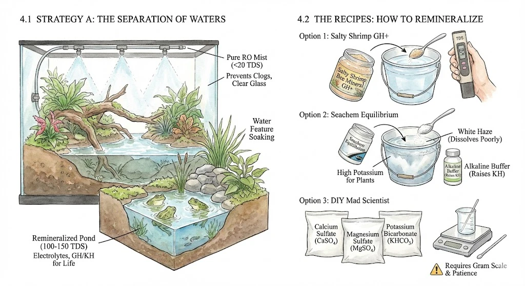 Schematic showing low-TDS RO water for the misting reservoir versus a remineralized water feature, with three remineralization options: a shrimp mineral, a planted-tank supplement, and DIY salts.