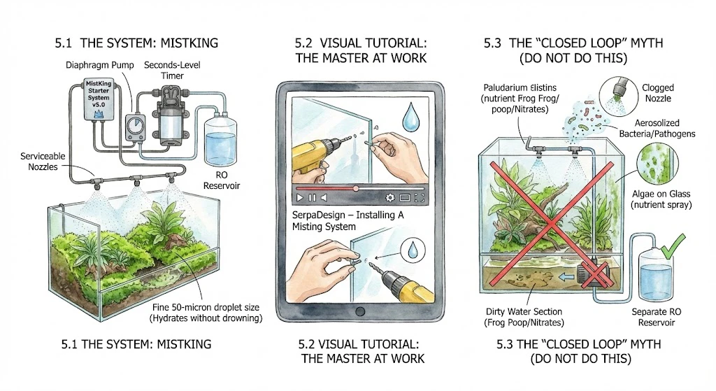 Schematic of an automated misting system feeding nozzles inside a planted enclosure, alongside a reminder not to recirculate tank water into the misting line.