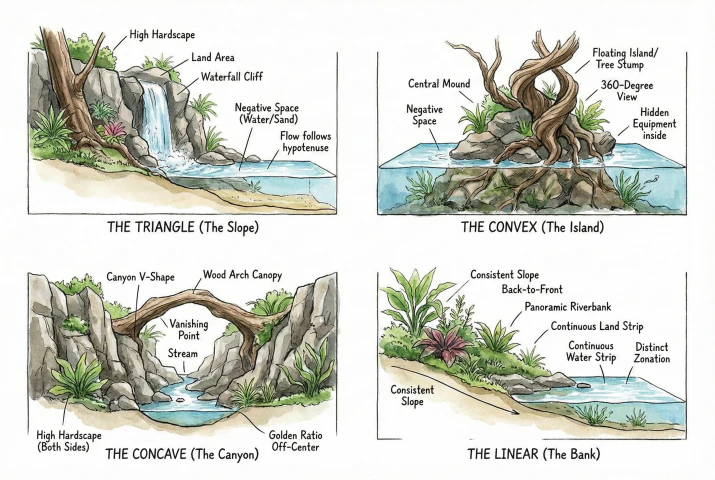 Comparison of four hardscape layout archetypes: triangle, convex/island, concave/canyon, and linear/bank.