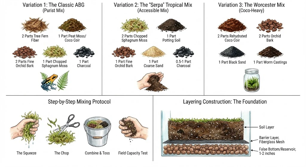 Trois recettes de substrat pour terrarium présentées dans des bocaux étiquetés avec leurs proportions, ainsi que les étapes de mélange et de superposition.