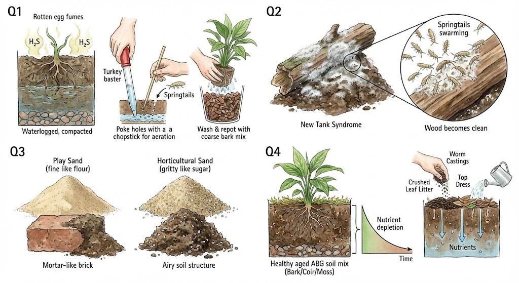Panneau de dépannage présentant quatre problèmes courants du substrat de terrarium : odeur d’œuf pourri, moisissure blanche, choix du sable et remplacement du sol.
