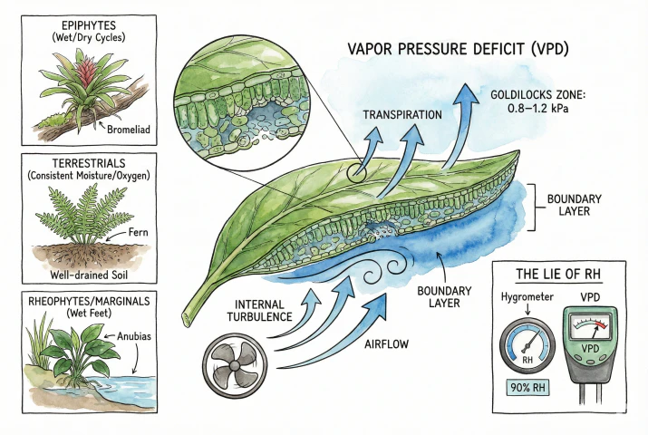 Infografía que compara la humedad relativa y el déficit de presión de vapor, con una capa límite foliar y un panel simplificado de grupos de plantas