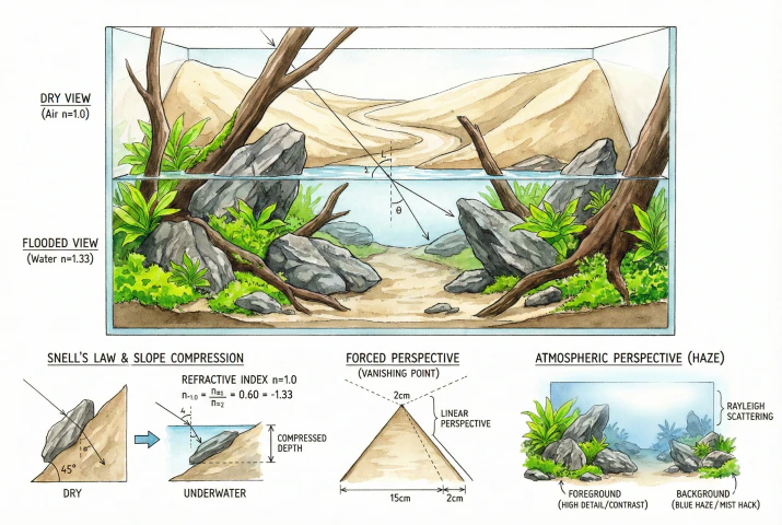 Diagram illustrating light refraction at a water surface and how it affects the apparent depth of underwater objects.