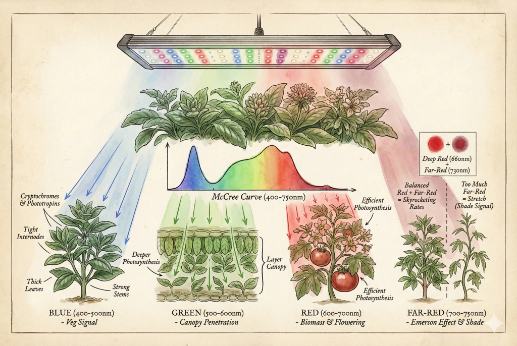 Schematic (not to scale) of the roles of blue, green, red, and far-red light in plant growth, with wavelength bands labeled across the visible and near-far-red range.