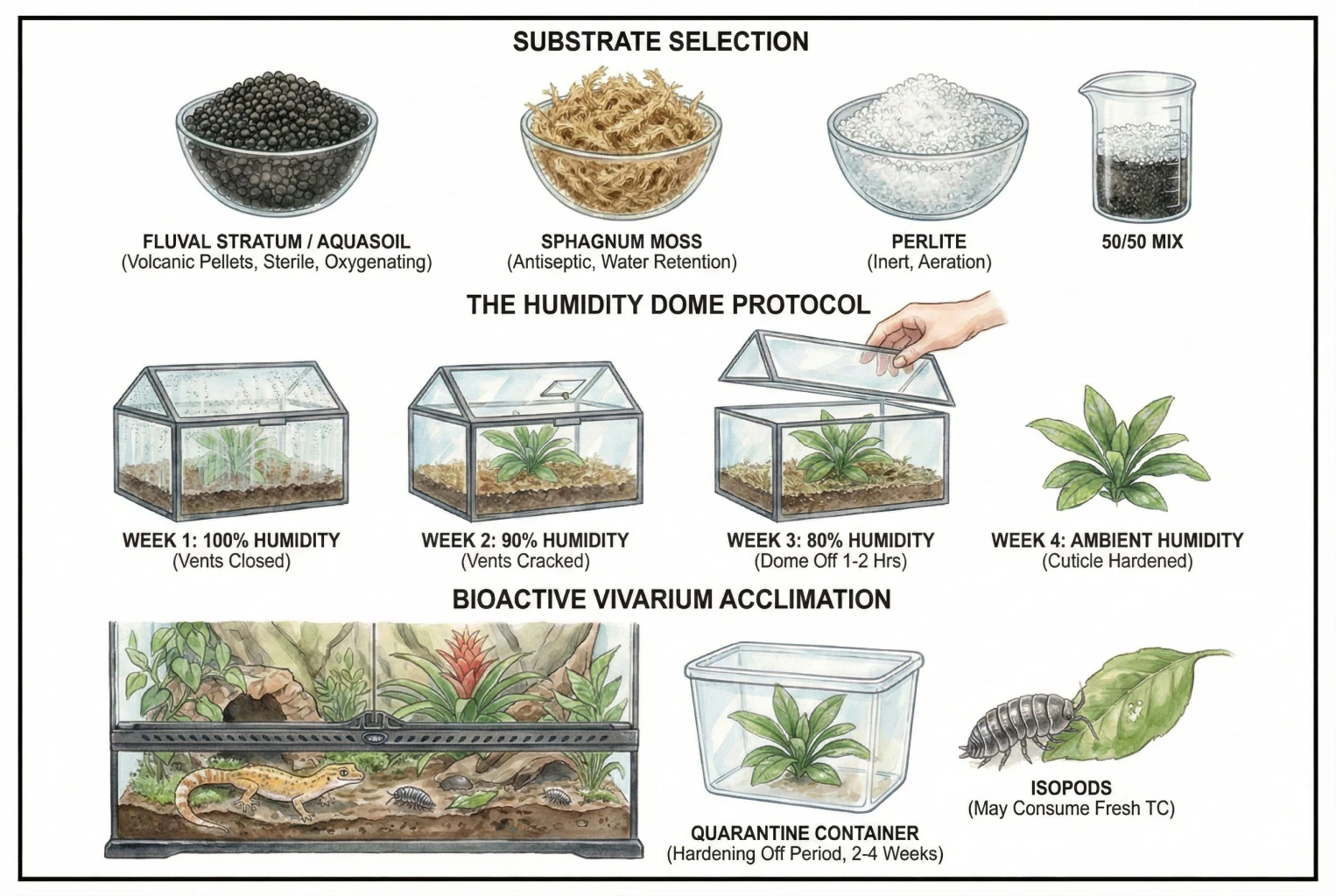 Substrate options (aquasoil, sphagnum, perlite) and a plantlet acclimating under a humidity dome.