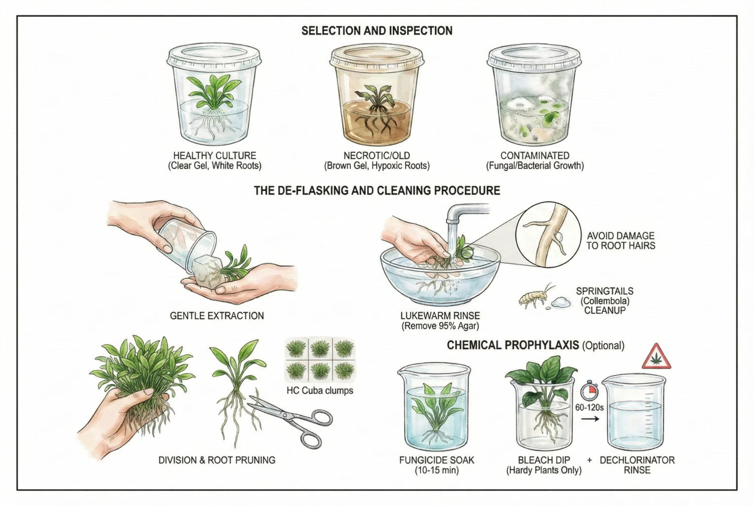 Comparison of healthy, aged, and contaminated culture cups alongside a rinse-and-inspect step.