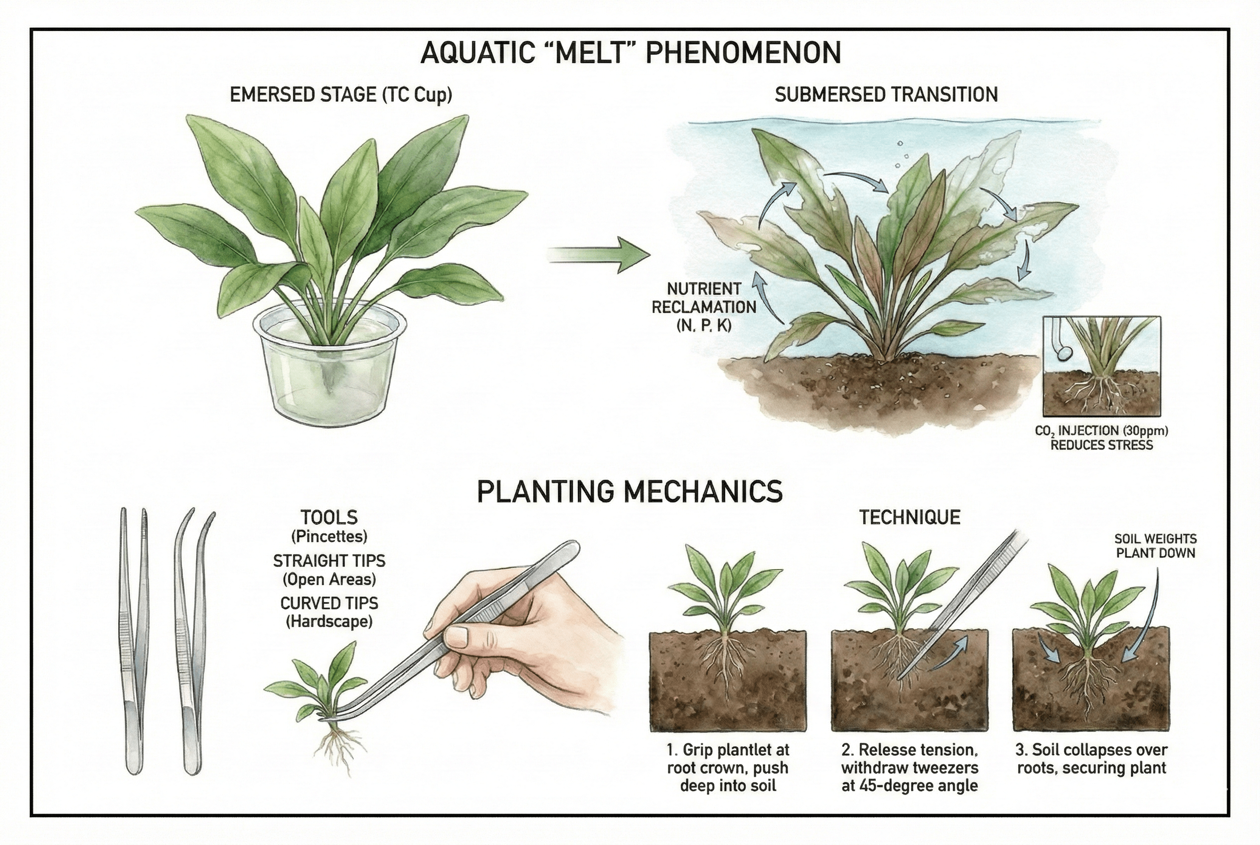 Aquatic acclimation illustration showing leaf melt, nutrient reuse, CO2, and planting a plantlet with tweezers.