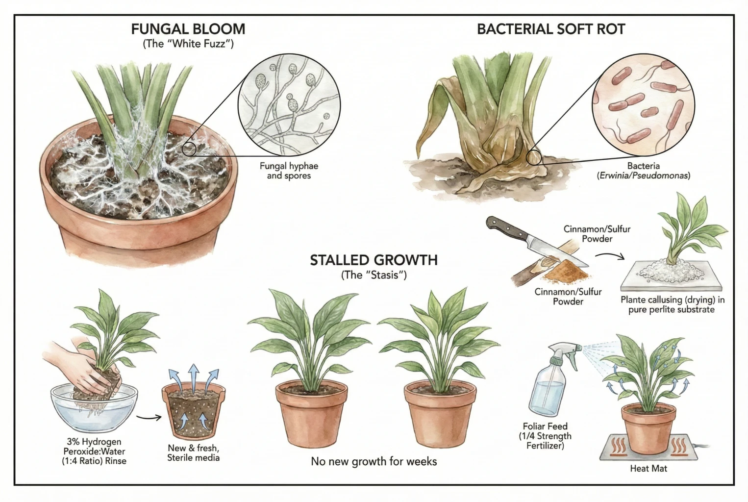 Troubleshooting illustration of white fungal fuzz and soft rot on a plantlet, next to possible responses.