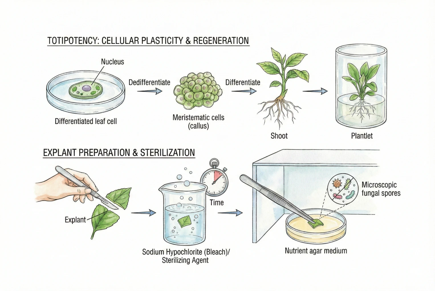 Illustrated overview of tissue culture acclimation, from an in vitro plantlet through rinsing, potting under a dome, and hardening off.
