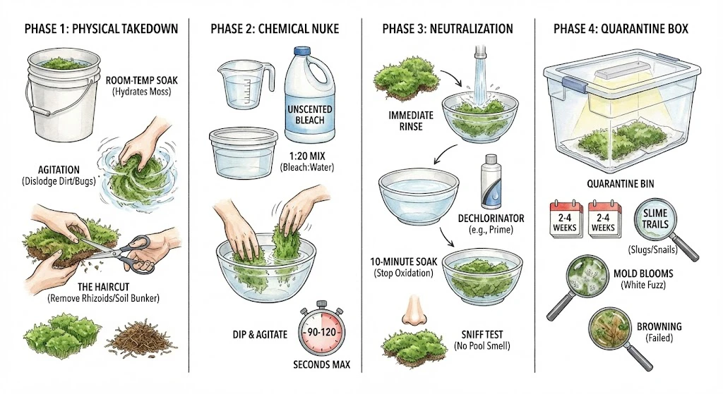 Illustration of a four-phase process: trim, bleach dip, neutralize, and observe.
