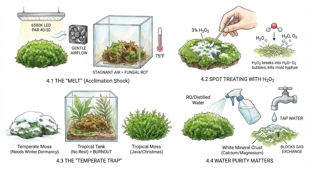 Illustration of moss care factors: airflow, light, mold spot-treatment, temperature, and water.