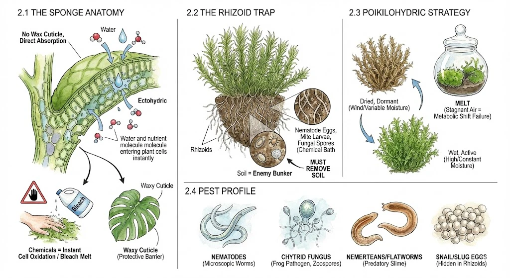 Illustration of moss anatomy and possible soil hitchhikers, labeling rhizoids and surface water uptake.
