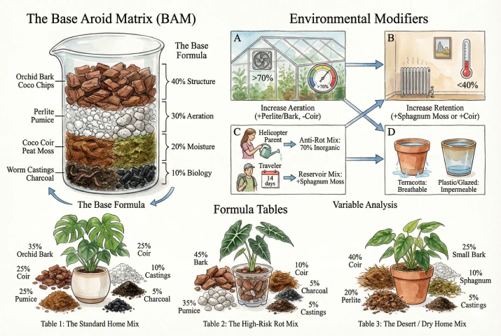Stylised illustration of soil-mix ingredients shown in labelled layers with rough percentage figures.