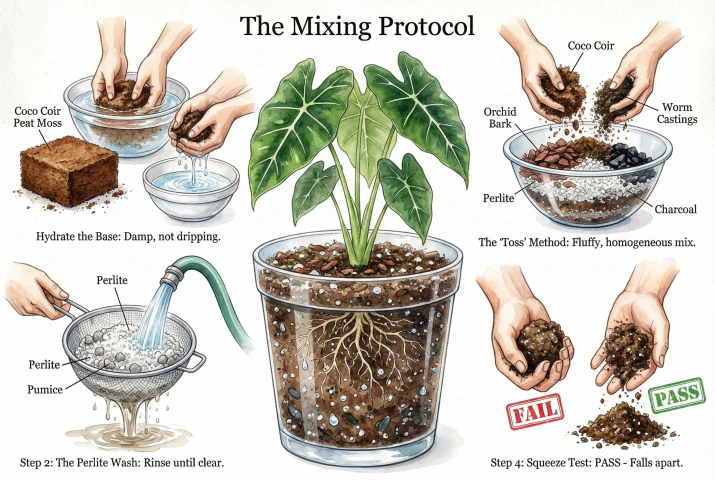 Illustration of the mixing steps: soaking coir, rinsing perlite, tossing the ingredients together, and a hand squeeze-test of the finished mix.