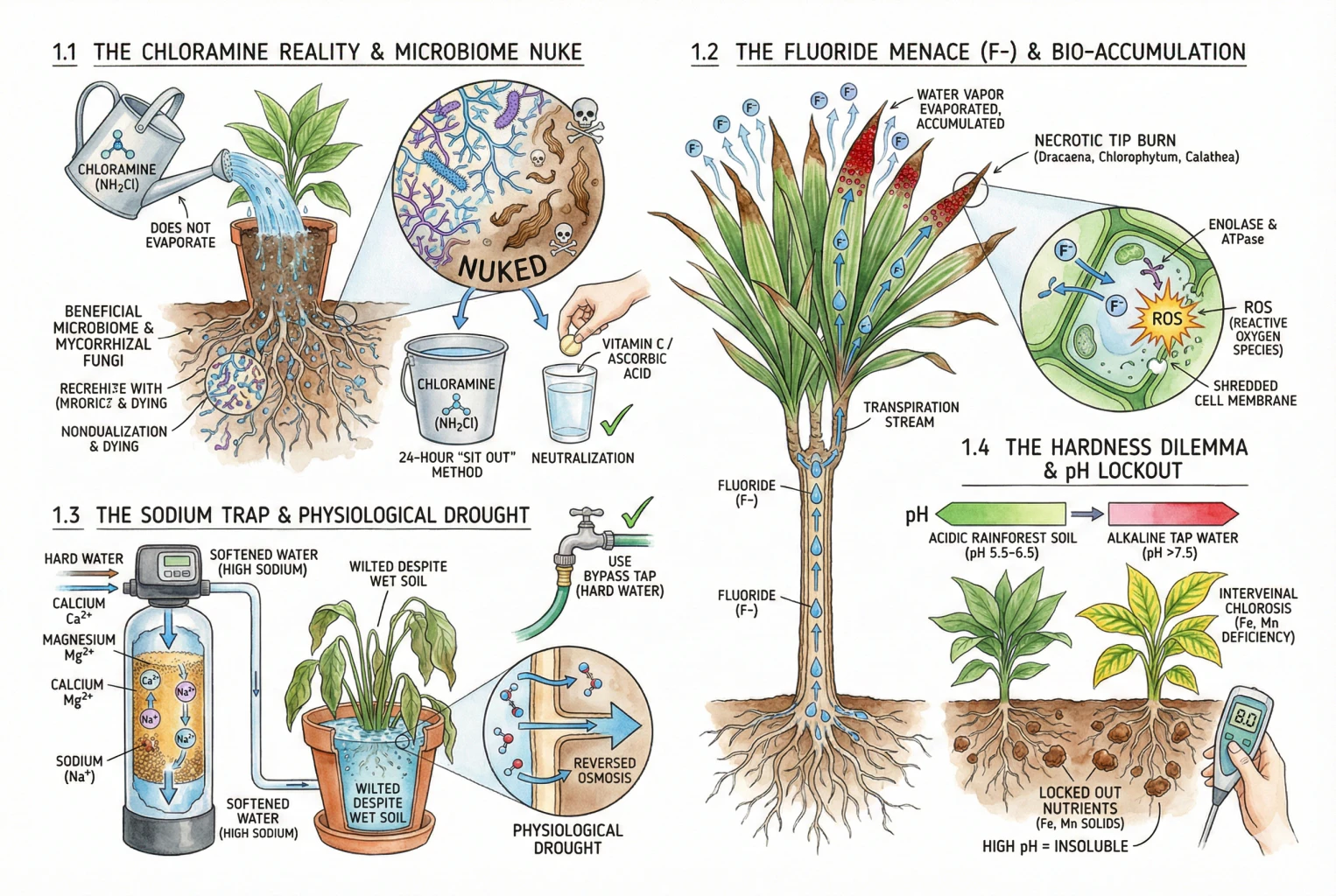 Diagram of municipal water constituents that can affect plants: chlorine and chloramine, fluoride, and sodium from softeners