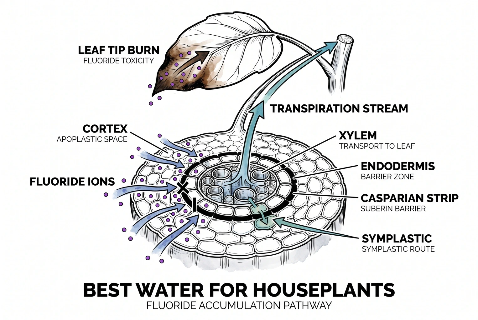 Illustration of fluoride sensitivity across houseplant genera and fluoride moving through a plant to the leaf tips