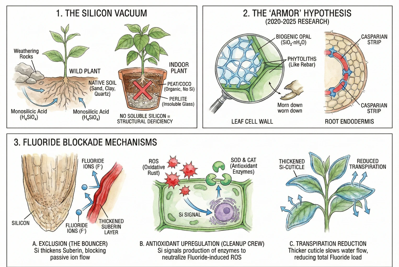 Illustration of silicon being deposited in plant cell walls and the root barrier as a stress-tolerance aid