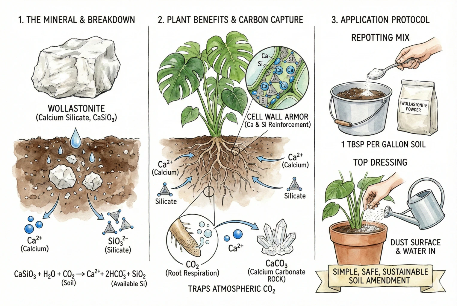 Illustration of wollastonite rock dust weathering in soil to release calcium and silicon over time